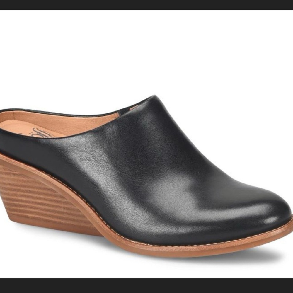 Sofft Nicki Black Leather Wedge Mule with Stacked Tan Heel